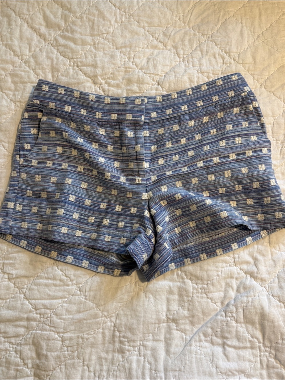 LOFT Blue and White High-Waist Patterned Knit Shorts